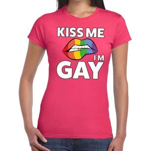 Kiss me I am gay t-shirt roze dames - feest shirts dames - gaypride kleding XXL