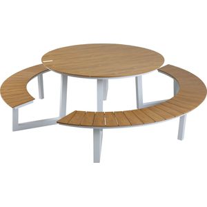 AXI Taco Picknicktafel met 2 banken Rond Wit met Teak-look Polywood – Gepoedercoat aluminium frame ��– Tafel en banken met Polywood tafelblad en zitvlak - 200x190cm