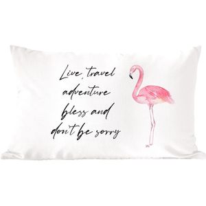 Sierkussens - Kussentjes Woonkamer - 50x30 cm - Spreuken - Quotes - Live, travel, adventure, bless and don't be sorry - Flamingo