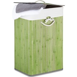 Relaxdays wasmand bamboe - wasbox opvouwbaar - wasgoedmand met deksel - badkamer - waszak - groen
