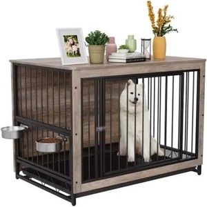 Gran Vida® - Moderne Hondenkennel - Met Verwijderbare Voerbakken - Voor Honden Tot 80 kg - Grijs