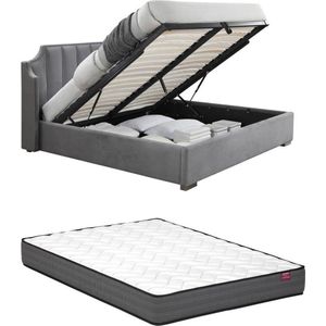 Vente-unique Bed met opbergruimte 160 x 200 cm met hoofdbord met inkeping - Velours - Lichtgrijs + matras - TEOMIS L 184 cm x H 122.5 cm x D 216 cm