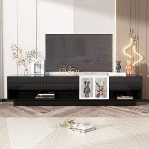 Sweiko TV kast, laag paneel, glanzende zwart-witte combinatie. Kleurblokkerend ontwerp, laden, compartimenten en meerdere opslagruimtes
