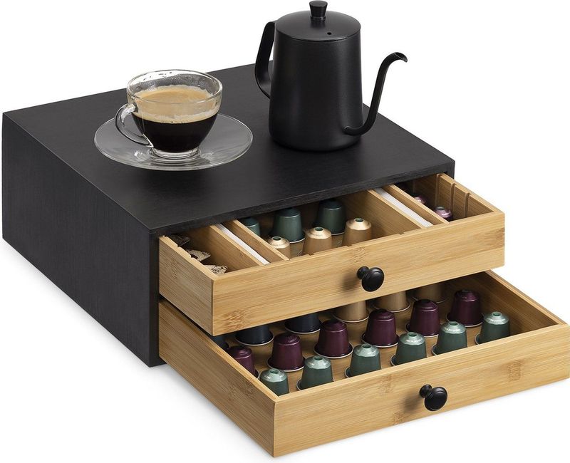 Navaris bamboe capsulehouder met lades - 33 x 35 x 14 cm - Koffiecups houder voor max. 72 cups - Zwart