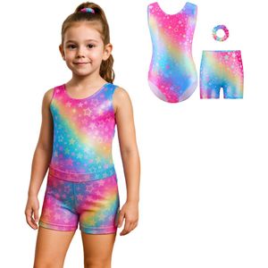 Joya Kids® Turnpakje Meisjes Metallic zonder Mouwen met Broekje en Scrunchie | Regenboog met Glitters en Sterren Print Ballet pakje | Gymnastiekpakje Zomer zonder Mouw | Turnen | Turn Pakje set | Maat 130