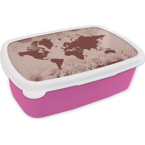 Broodtrommel Roze - Lunchbox - Brooddoos - Wereldkaart - Bloemen - Rood - 18x12x6 cm - Kinderen - Meisje