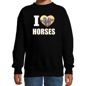 I love horses sweater met dieren foto van een wit paard zwart voor kinderen - cadeau trui paarden liefhebber - kinderkleding / kleding 152/164