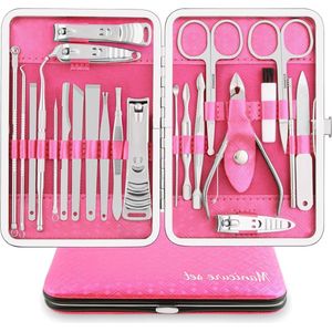 Manicure Set 23 stuks professionele nagelknipper kit - pedicure verzorgingsgereedschappen - roestvrij stalen tools - zwart PU-lederen hoes - reizen of thuisgebruik - roze / zilver