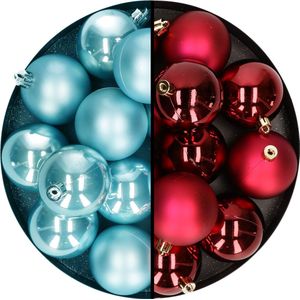 Kerstballen 24x st - mix donkerrood/ijsblauw - 6 cm - kunststof - kerstversiering