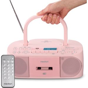 MEDION DRX-1 Plus Boombox (draagbare DAB+ & FM-radio, Bluetooth, cd-speler, MP3, cassette, hoofdtelefoonaansluiting, stereo, AUX, netstroom & batterijen) roze