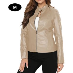 Bovista Leren Jas - Leather Jacket - Lederen Jas - Bomberjack - Pilotenjack - Blazer - Biker - Motorjas - Motormuis - Dames - Beige S