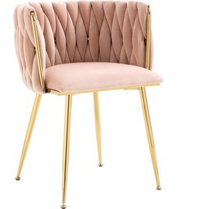 Merax Luxe Velvet Eetkamerstoelen Set van 2 – Roze Stoelen met Gouden Metalen Poten en Handgeweven Rugleuning voor Eetkamer - Woonkamer en Slaapkamer