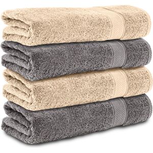 Komfortec handdoeken – Set van 4 - Badhanddoek 70x140 cm - 100% Katoen – Antracietgrijs&Beige