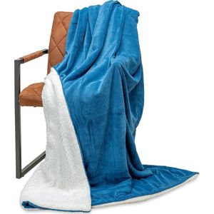 Wicotex - Plaid deken - Fleece Plaid Espoo Blauw - Afmeting 150x200cm met Witte Sherpa binnenkant - Zacht en warme Fleece deken - Plaidfleece