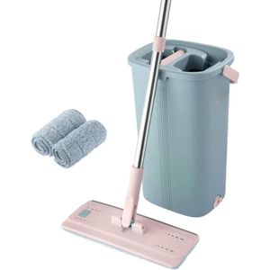 Roze dweil en emmer set - Microvezel Flat mop - Roestvrijstalen handvat - Dubbele emmer - Nat en droog gebruik - Herbruikbare pads - Vloertypes mop and bucket set