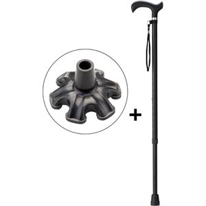 Wandelstok Zwart met ergonomisch comfort handvat en polsbandje - Loopstok - Verstelbaar 76 - 98,5 cm - Lichtgewicht - Incl. 6-poot stokdop