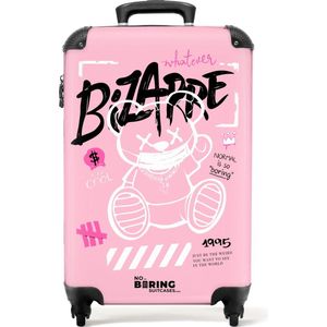 NoBoringSuitcases.com® - Handbagage koffer lichtgewicht - Reiskoffer trolley - Silhouet van een teddybeer omringd door graffiti - Rolkoffer met wieltjes - Past binnen 55x40x20 en 55x35x25