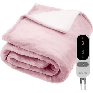 Auronic Elektrische Deken - 200 x 180 cm - 2 Persoons Warmtedeken - 9 Warmte en Timerstanden - Verwarmingsdeken - Sherpa Fleece - Roze