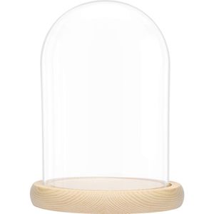 Belle Vous Grote Glazen Stolp Bel Fles met Natuurlijk Houten Basis – 20cm – Helder Decoratieve Tafeltop Display Case met Tray voor Fee Lichtjes, Kopstukken en Antiek