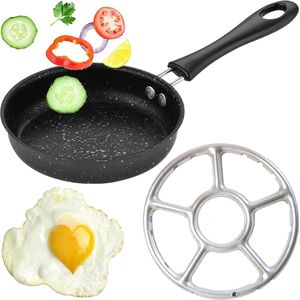 Koekenpan, roestvrij staal, mini-pan, klein, 14 cm, mini-braadpan, gietijzer, mini-braadpan, anti-aanbaklaag, mini-pan, anti-aanbaklaag, met gasfornuisframe voor spiegeleieren, eierknobbels, camping