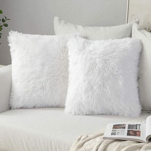 Set van 2 kussenslopen - imitatiebont pluche - zachte decoratieve vierkante kussenhoezen - pluchen hoezen - woonkamer bank slaapkamer - 60 x 60 cm - wit kussenhoes 60x60