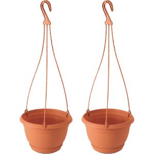 2x Stuks terracotta ophang bloempot/plantenpot kunststof met schotel 3 liter - 24 cm - Tuin hangdecoratie