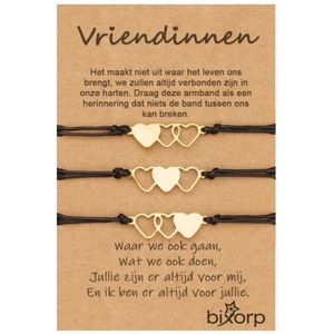 Bixorp Friends Vriendschapsarmbandjes voor 3 met Goudkleurige Hartjes Zwart Bandje - BFF ArmbandMeisjes - Best Friends Armband Vriendschap Cadeau voor Drie