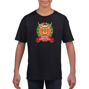 Kerst t-shirt voor kinderen met rendier Rudolf print - zwart - Kerst shirts voor jongens en meisjes 134/140