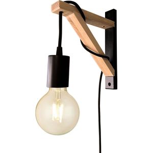 Industriële wandlamp - met aan/uit schakelaar - nachtlamp - slaapkamerlamp - zwart met hout - e27 - zwart textieldraad met metalen fitting