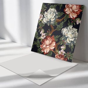 Wallfluent Vinyl Wandpaneel - Achtergrond met bloemenpatroon Wandpaneel PVC - 50 cm x 50 cm - Zwart Vinyl Wandpaneel - Set van 4 - Vierkant Wandbekleding Vinyl - Bloemen Wandpaneel - Zelfklevend Wandpaneel - Wandpaneel Keuken en Badkamer