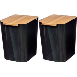 5Five prullenbak/vuilnisbak - 2x stuks - 5 liter - bamboe - zwart/lichtbruin - 24 x 19 cm - badkamer