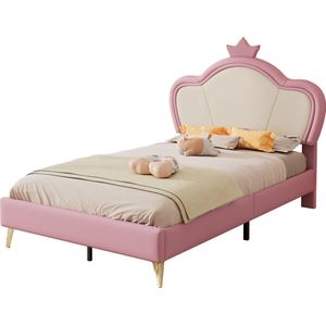 Merax Kinderbed 90x200 cm – Roze met Wit Kunstleer Gestoffeerd Bed - Eenpersoonsbed met Kroon op Hoofdbord en Metalen Poten