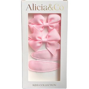 Alicia&Co - Classic Bow Set - Bubble Gum Pink - Set van 2 haarclips en 2 haarelastiekjes - cadeau - kraamcadeau - haarelastiekjes zonder metaal - haarspelden & clips - haarelastiekjes baby - haarelastiekjes kind - haarspeldjes kind - haarspeldje baby