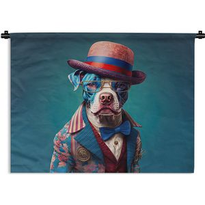 Wandkleed - Wanddoek - Hond - Hoed - Colbert - Bloemen - Blauw - 60x45 cm - Wandtapijt
