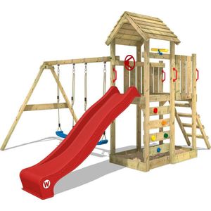 WICKEY speeltoestel klimtoestel MultiFlyer met houten dak, schommel & rode glijbaan, outdoor klimtoren voor kinderen met zandbak, ladder & speel-accessoires voor de tuin