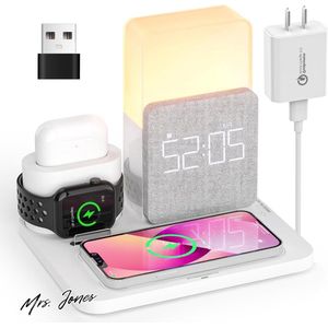 Mrs. Jones 3 in 1 draadloos oplaadstation met wekker en snooze functie .