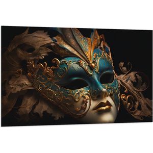 Vlag - Venetiaanse carnavals Masker met Blauwe en Gouden Details tegen Zwarte Achtergrond - 120x80 cm Foto op Polyester Vlag