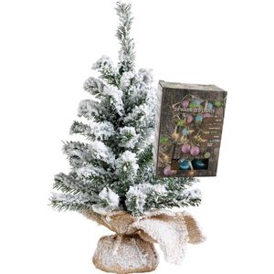 Kleine kunst kerstboom - besneeuwd - incl. gekleurde kerstballen lichtsnoer - H45 cm