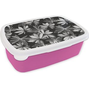 Broodtrommel Roze - Lunchbox - Brooddoos - Zwart - Wit - Patronen - Bladeren - Natuur - 18x12x6 cm - Kinderen - Meisje