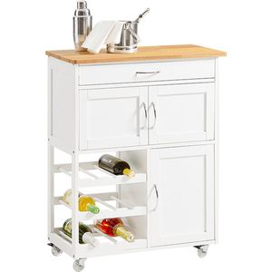 Keukenserveerwagen - Keukenkast - Mobiele barwagen - Witte afwerking - Ruime opbergruimte met flessenplanken, lade en deuren - Gemakkelijke mobiliteit met afsluitbare wielen - 67 cm x 86 cm x 38 cm