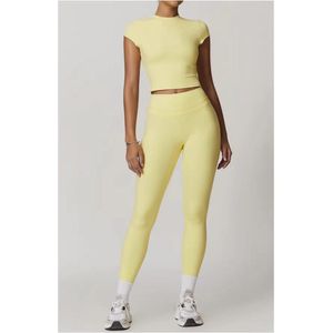 Eclipse Gym Set – Maat XL - Geel – 3-delige sportset met Bra Top, Short Sleeve Top & High Waist Legging – Yellow - Naadloos & Squatproof