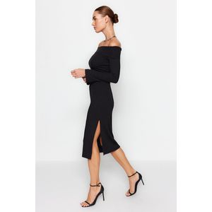 Trendyol Standaard mouw lichaamskegel Zwart getailkunstleerde/plakkerige Corsair midi-jurk met zachte textuur, stretch gebreide jurk TWOAW24EL00803.