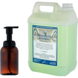 Zeepdispenser 300 ml amber bruin hervulbaar + 5 liter Handzeep Hamam navulling