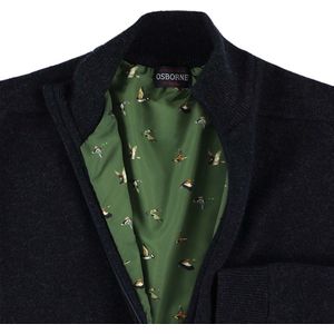 Osborne Knitwear Windstopper cardigan met rits heren – Trui met rits heren in Lamswol - Pullover Heren - Indigo Melange - Voering met eendenprint - 3XL