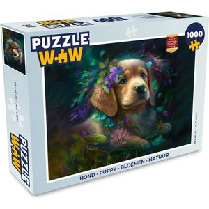 Puzzel Hond - Puppy - Bloemen - Natuur - Golden retriever - Legpuzzel - Puzzel 1000 stukjes volwassenen