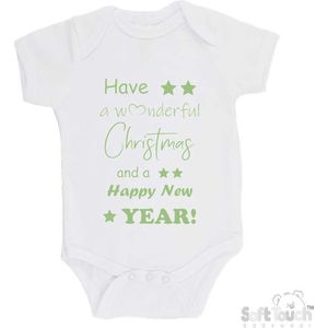 100% katoenen Romper ""Have a wonderful Christmas and a happy New year!"" Kerst Kerstmis Nieuwjaar Unisex Katoen Wit/sage green (saliegroen) 56/62