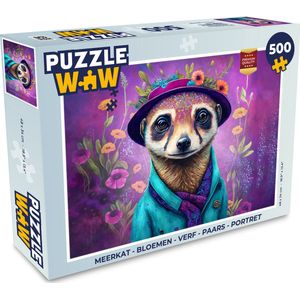 Puzzel Meerkat - Bloemen - Verf - Paars - Portret - Stokstaartje - Legpuzzel - Puzzel 500 stukjes