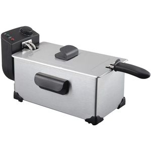 Elektrische friteuse - Vermogen - Regelbare Thermostaat - Uitneembare Mand met Anti-Scald Grip - Roestvrijstalen Deksel - Afvoerkraan en Geurfilter - 2200W - 3L