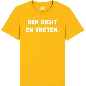 Bek Dicht en Vreten - Frituur Snack Cadeau - Grappige Eten En Snoep Spreuken Outfit - Dames / Heren / Unisex Kleding - Unisex T-Shirt - Geel - Maat L