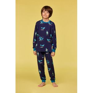 Woody - Jongens Pyjama - Donkerblauw met Duivenprint Allover - 14 jaar